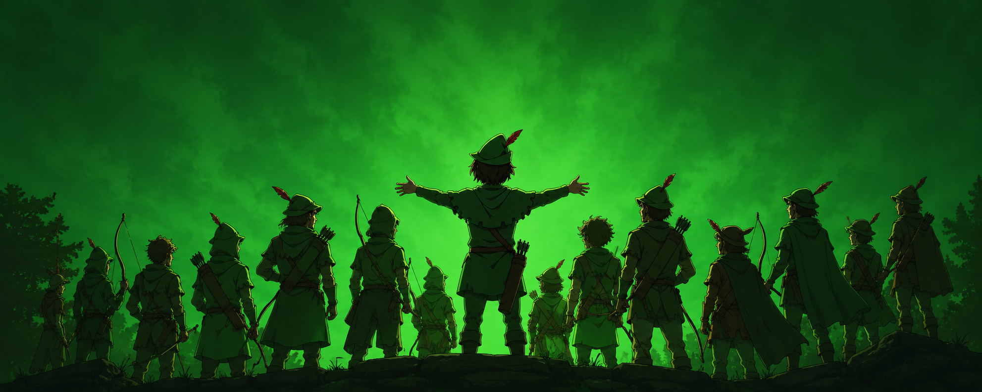 Robin Hood stands on a rock, arms open wide, his band of Merry Men archers gathered around him against a wall of green fog